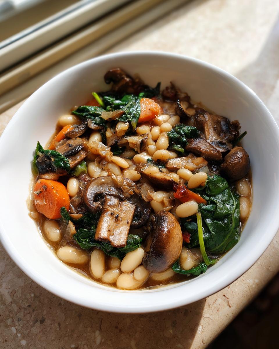 A close-up of a hearty white bean mushroom stew featuring cannellini beans, sautéed mushrooms, spinach, and carrots in a bowl.