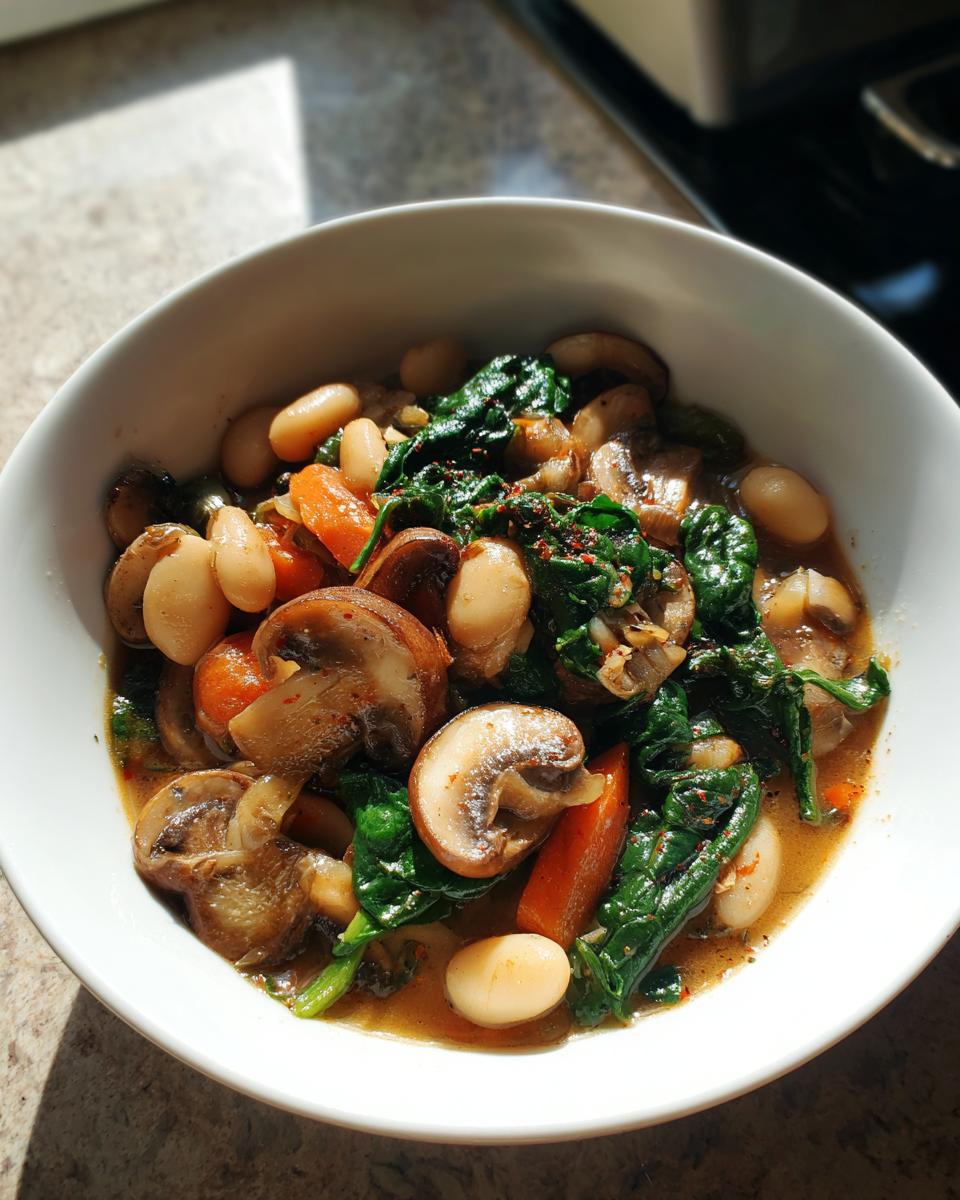 A close-up of a bowl filled with savory white bean mushroom stew, featuring sliced mushrooms, white beans, and dark green spinach.