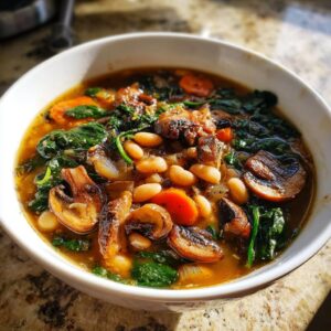A close-up of a hearty white bean mushroom stew featuring cannellini beans, sautéed mushrooms, spinach, and carrots in a rich broth.