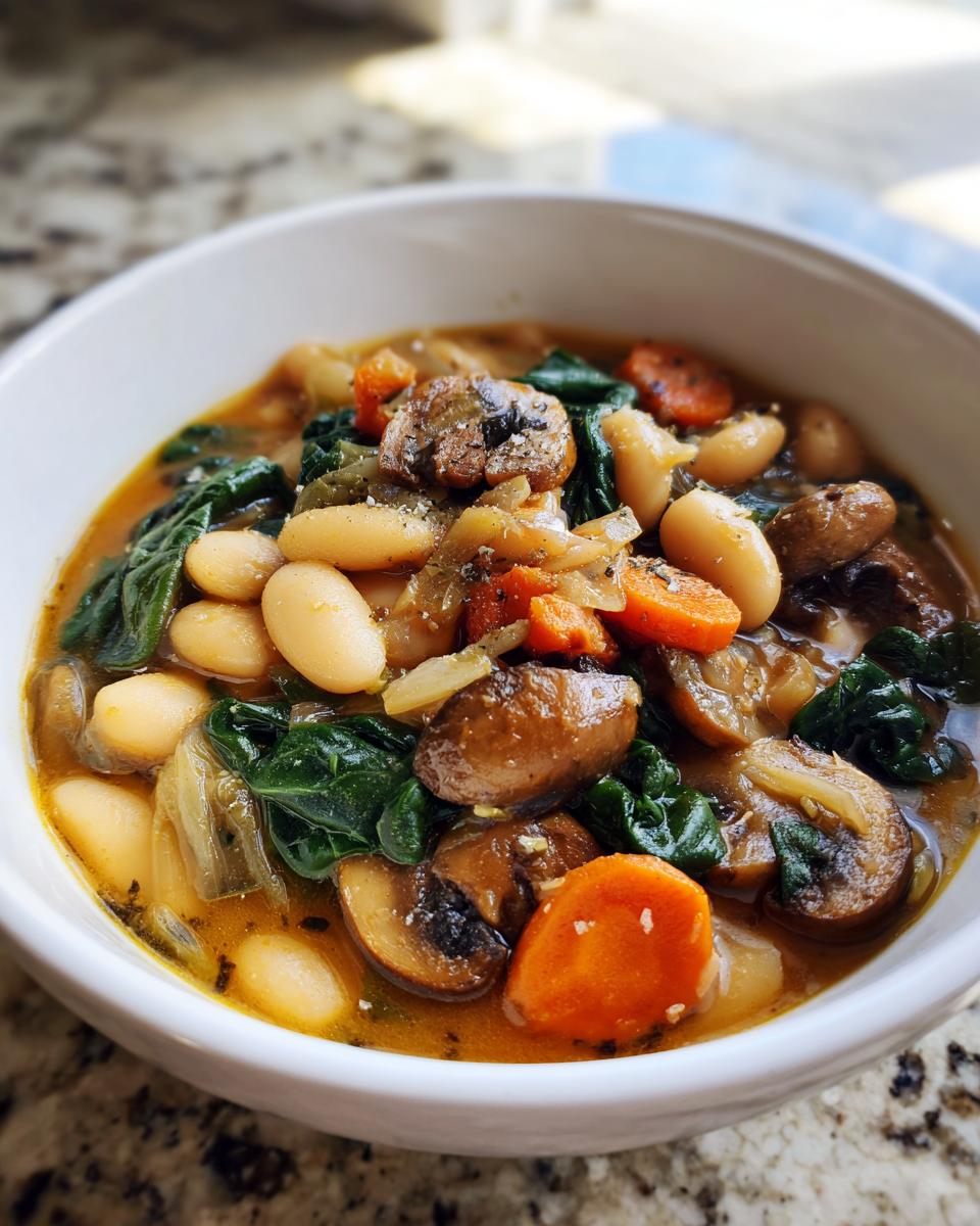 Close-up of a bowl filled with rich white bean mushroom stew, featuring white beans, sliced mushrooms, carrots, and spinach.