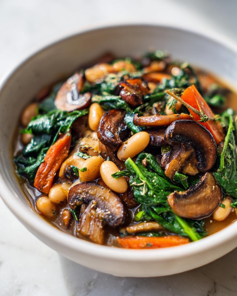 Close-up of a savory white bean mushroom stew featuring sautéed mushrooms, white beans, and wilted spinach.