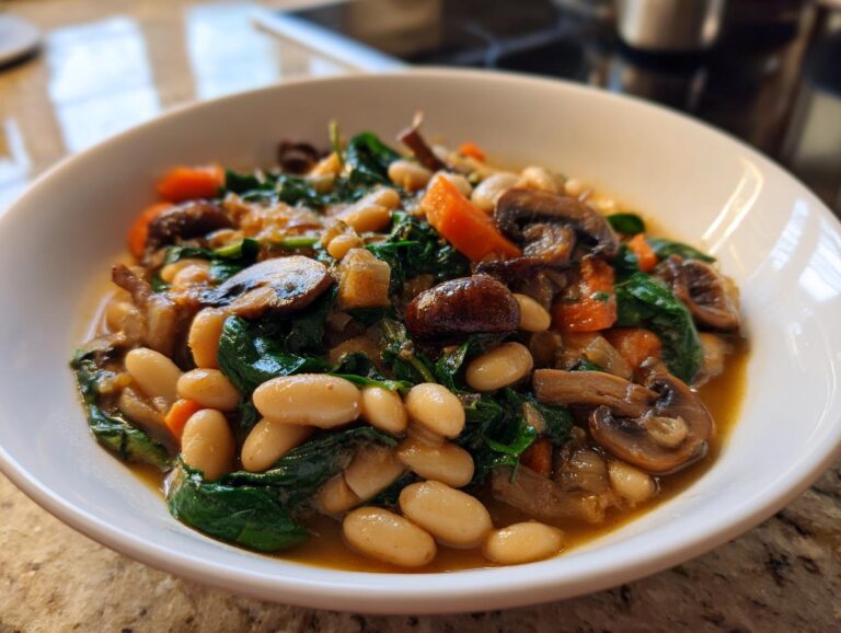 Close-up of a white bowl filled with hearty white bean mushroom stew, featuring cannellini beans, spinach, and sliced mushrooms.