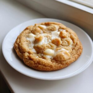 A single, perfectly baked white chocolate macadamia nut cookie resting on a small white plate near a window.