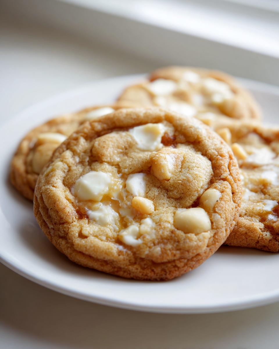 Close-up of soft, chewy white chocolate macadamia nut cookies piled on a white plate.