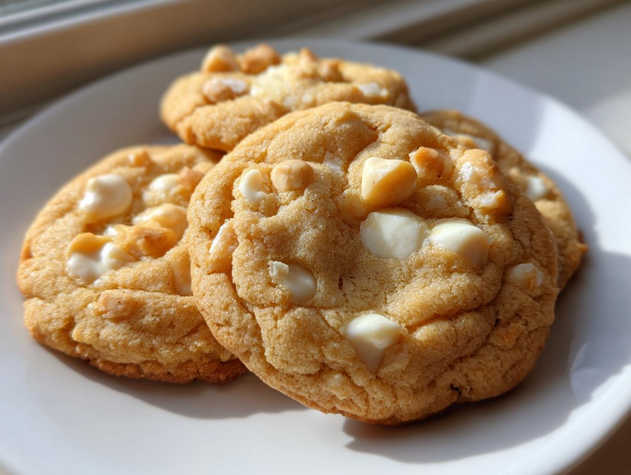 Close-up of several soft, golden white chocolate macadamia nut cookies piled on a white plate near a window.