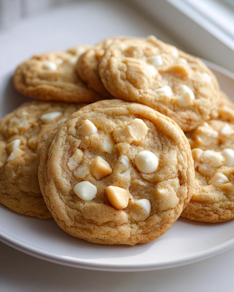 A close-up of several soft, golden white chocolate macadamia nut cookies piled on a white plate near a window.