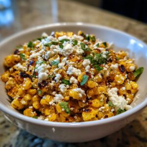 Close-up of a vibrant street corn salad featuring charred corn kernels, crumbled white cheese, and fresh cilantro.