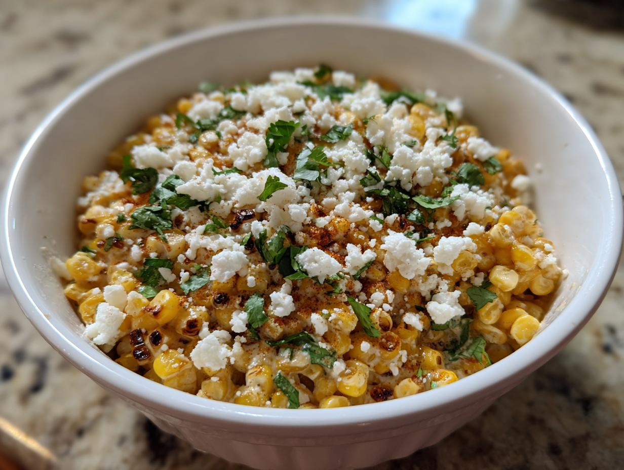 Close-up of a white bowl filled with zesty street corn salad topped with crumbled white cheese and cilantro.