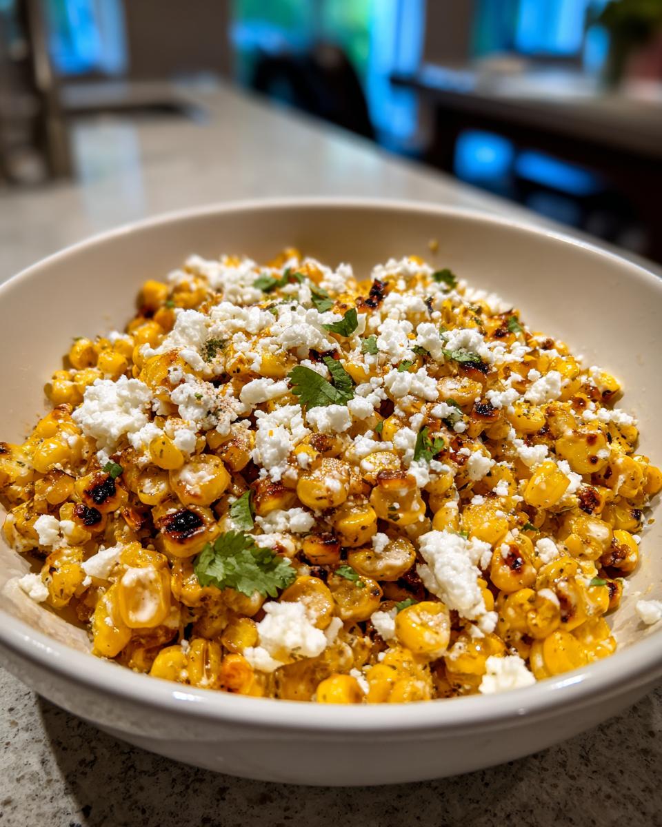Close-up of a bowl filled with charred corn kernels, crumbled white cheese, and cilantro, resembling a street corn salad.