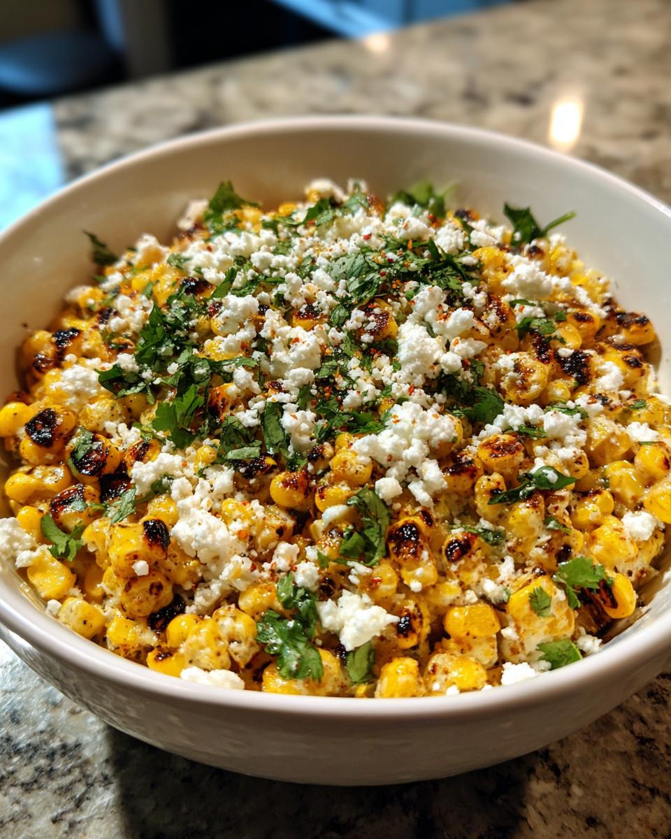 A close-up of a white bowl filled with grilled corn kernels, topped generously with crumbled white cheese and fresh cilantro, resembling street corn salad.