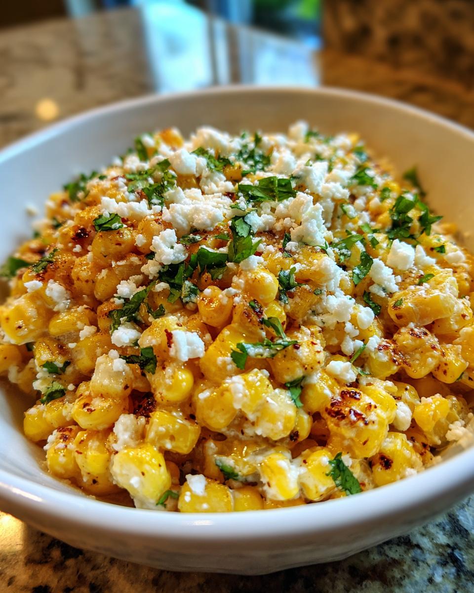 Close-up of a vibrant street corn salad featuring charred corn kernels topped with cotija cheese and cilantro.