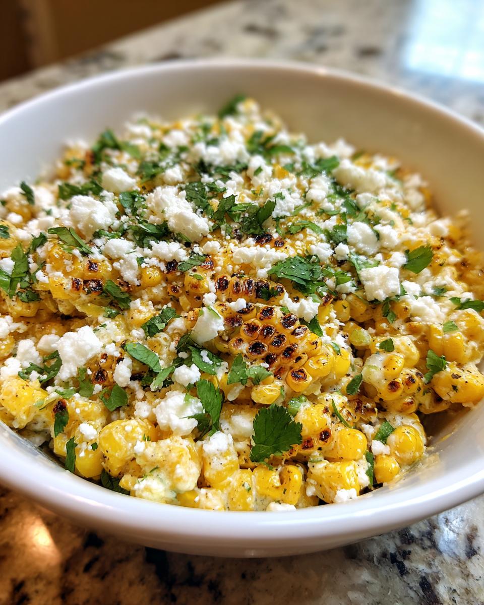 Close-up of a white bowl filled with creamy, charred kernels of street corn salad topped with cotija cheese and cilantro.