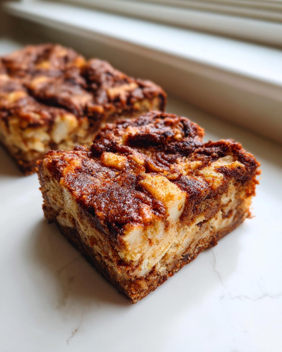 A close-up, slightly angled shot of a square of moist apple brownies topped with cinnamon swirl, featuring visible chunks of apple.