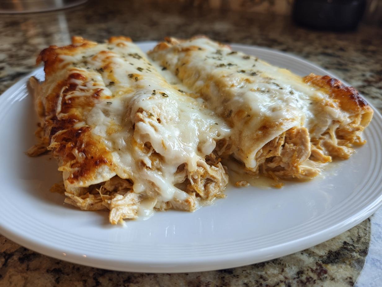 Two cheesy chicken enchiladas covered in melted white cheese and sprinkled with herbs on a white plate.