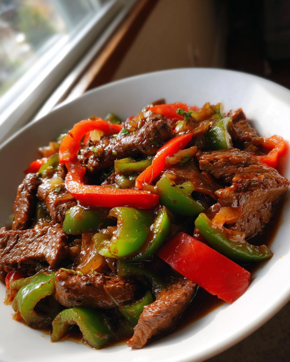 A close-up shot of savory pepper steak featuring strips of beef mixed with bright red and green bell peppers in a rich sauce.