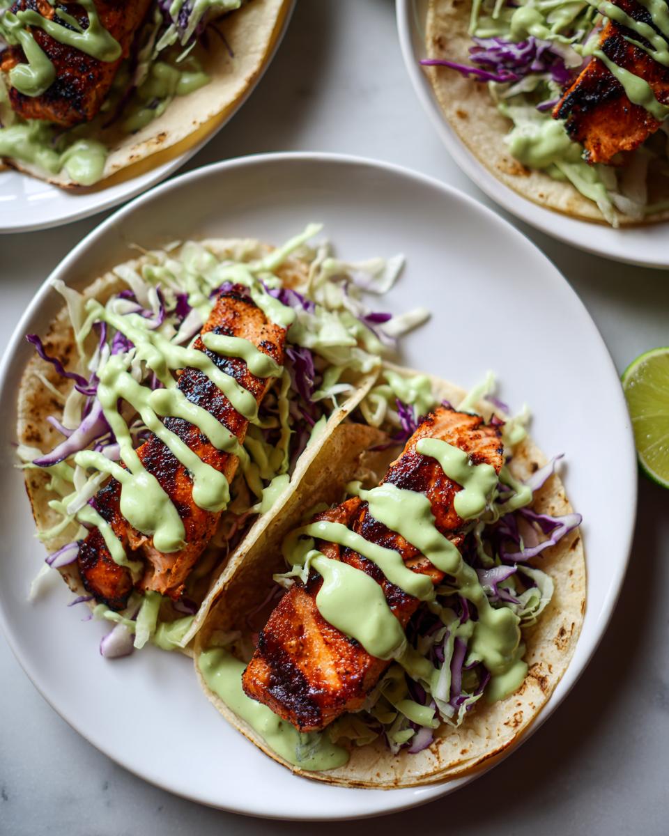Two delicious salmon tacos filled with grilled salmon, cabbage slaw, and drizzled with a vibrant green sauce.