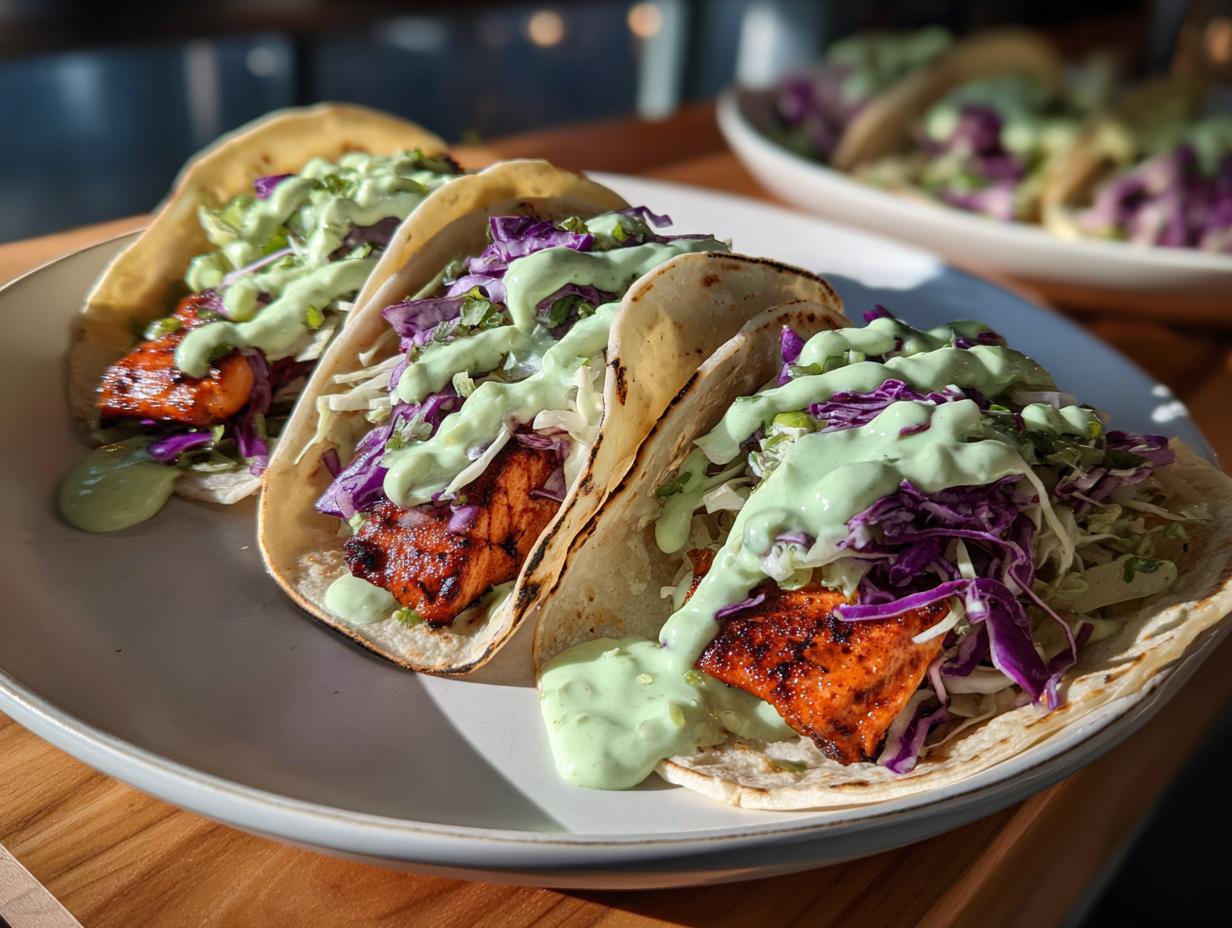 Three delicious salmon tacos loaded with red cabbage slaw and drizzled generously with a creamy green sauce.