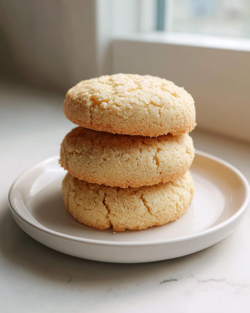 Three round, slightly cracked sugar cookies stacked on a small white plate near a bright window.