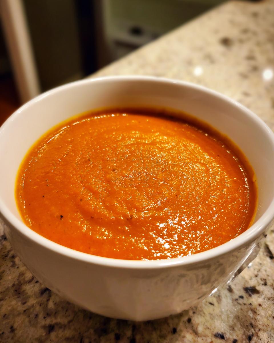 Close-up of a white bowl filled with thick, vibrant orange-red tomato bisque soup.