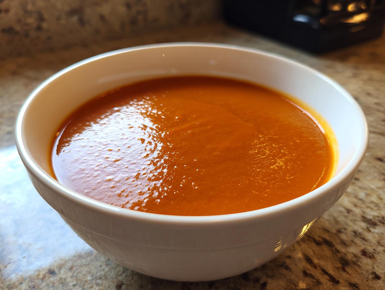Close-up of a white bowl filled with rich, orange-red tomato bisque soup.