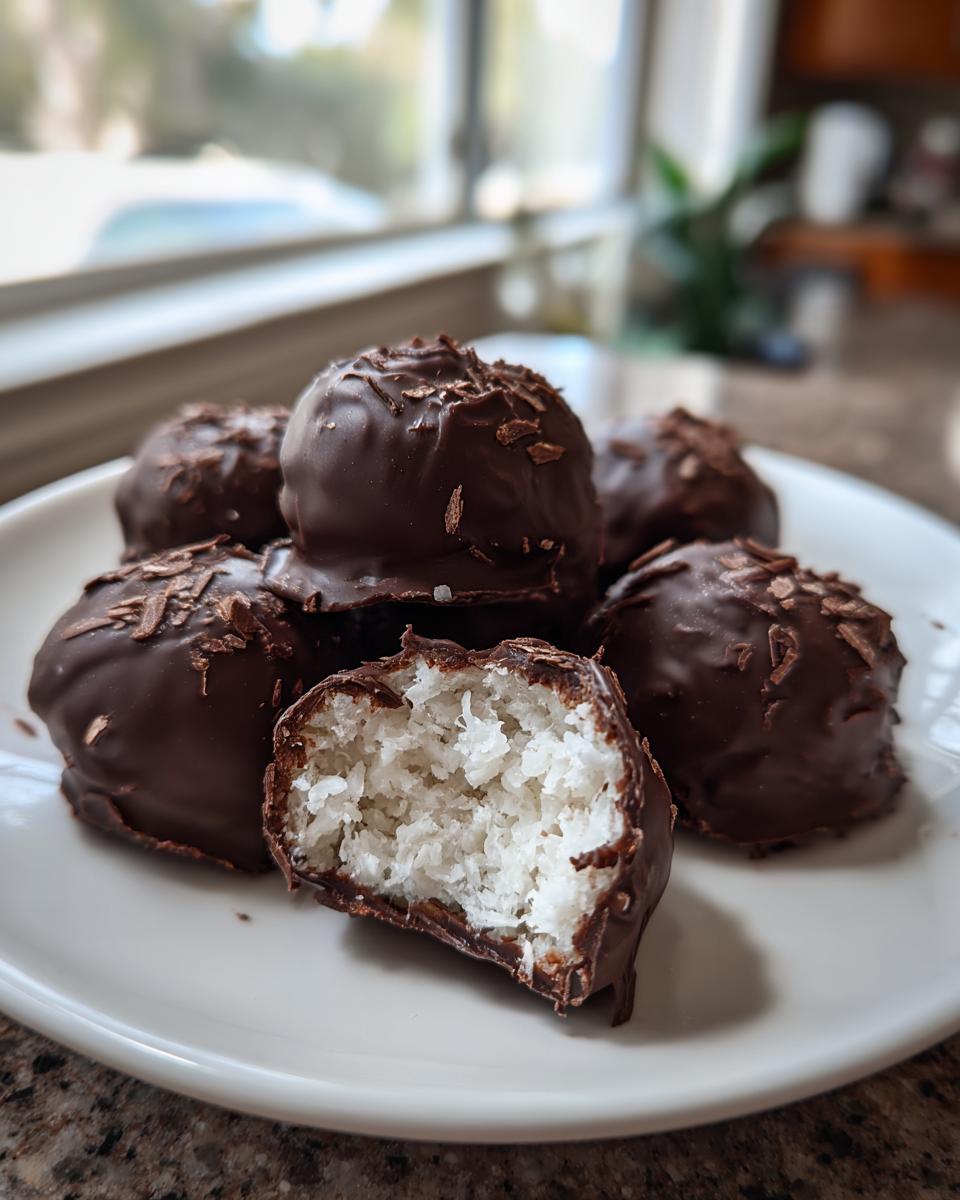 A pile of chocolate-covered almond joy truffles on a white plate, one is bitten open showing the shredded coconut filling.