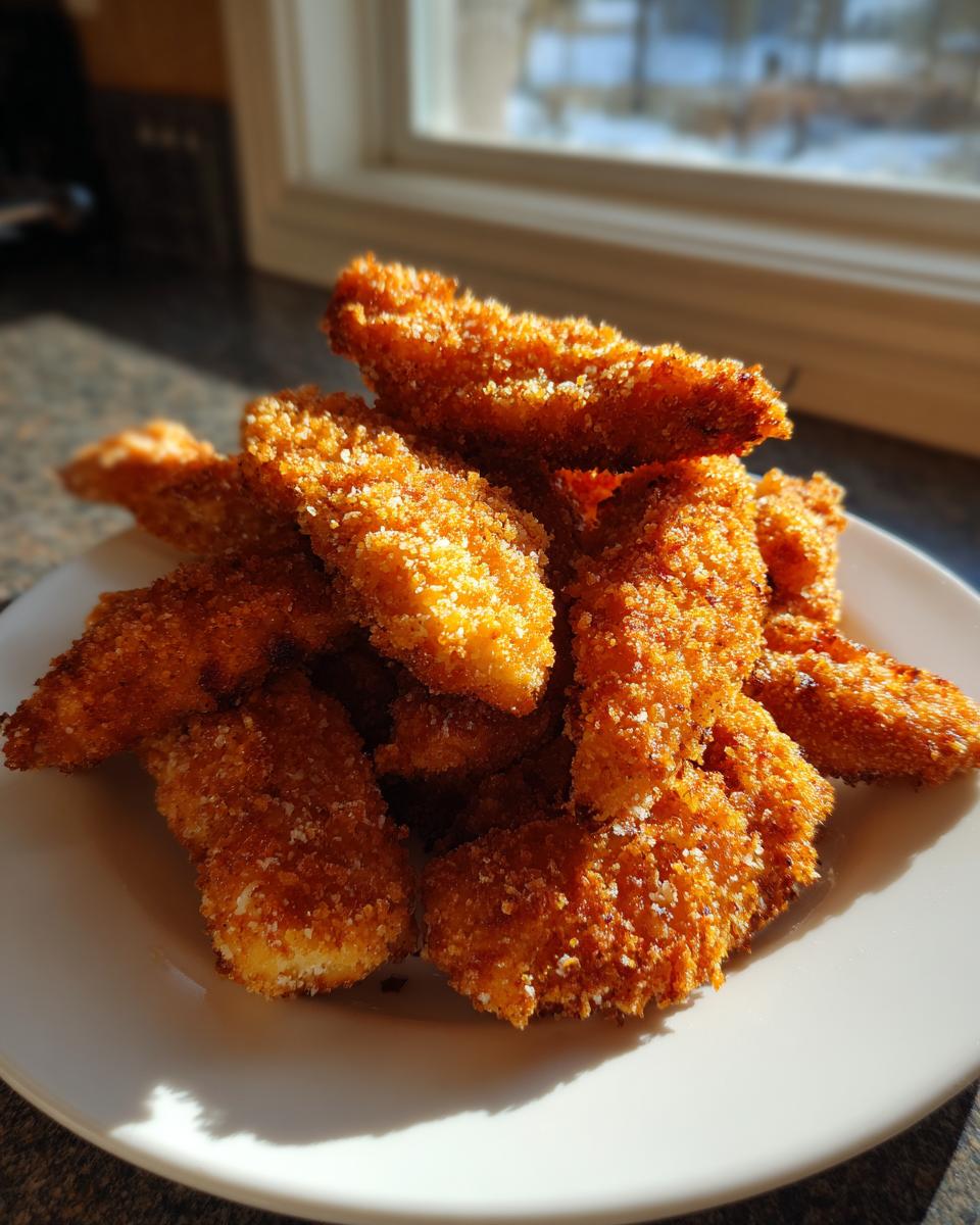 A pile of golden brown, crispy air fryer chicken tenders stacked on a white plate near a sunlit window.