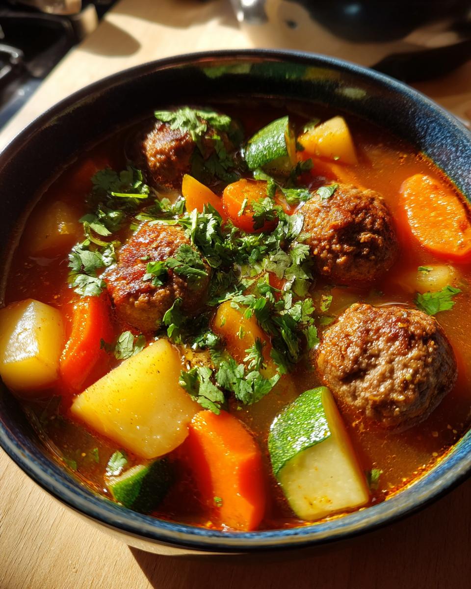 Close-up of a steaming bowl of albondigas soup featuring meatballs, potatoes, carrots, zucchini, and fresh cilantro.