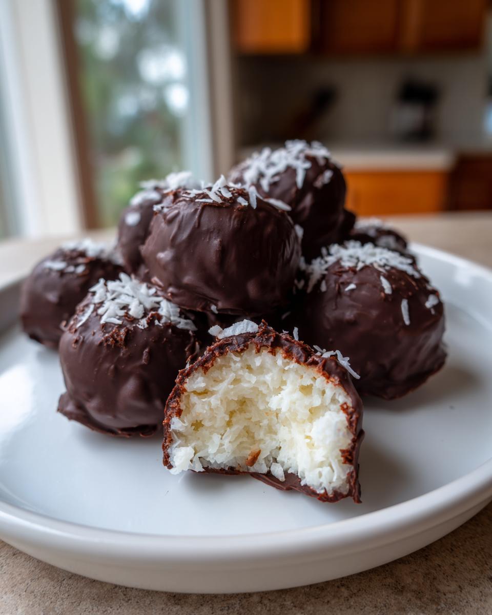 A stack of homemade almond joy truffles coated in dark chocolate and sprinkled with coconut flakes, one is bitten open.