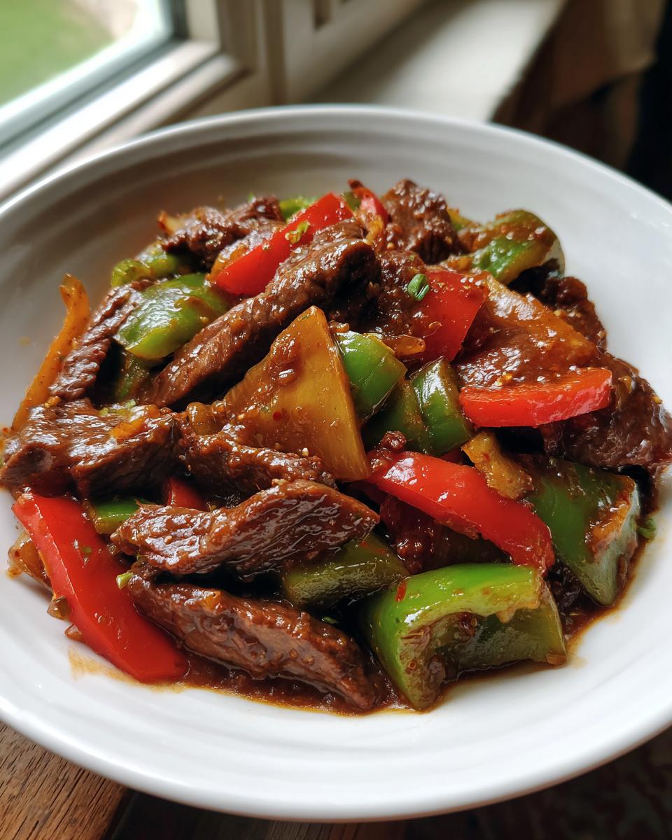 A close-up of a white bowl filled with glossy, saucy pepper steak featuring strips of beef, red bell peppers, and green bell peppers.