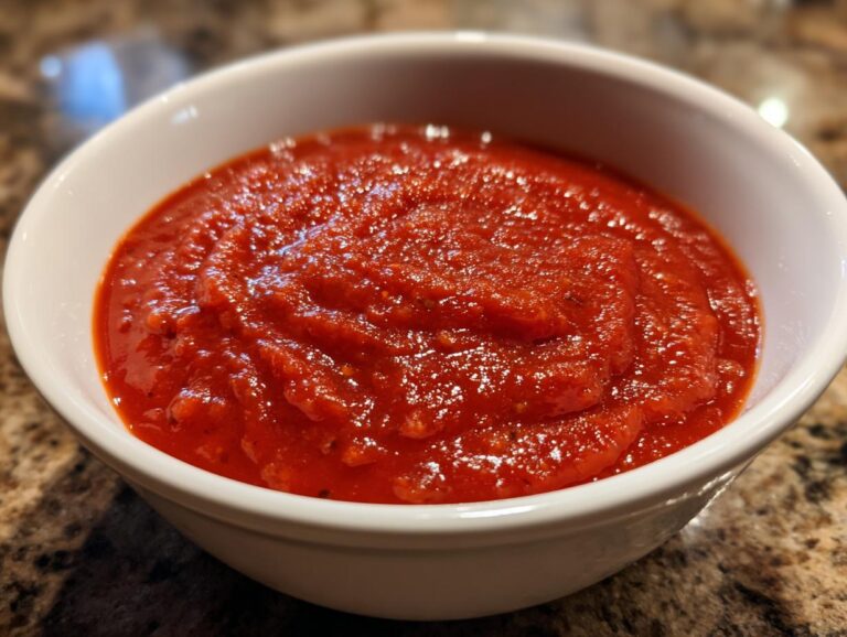 Close-up of thick, vibrant red homemade pizza sauce filling a small white bowl.