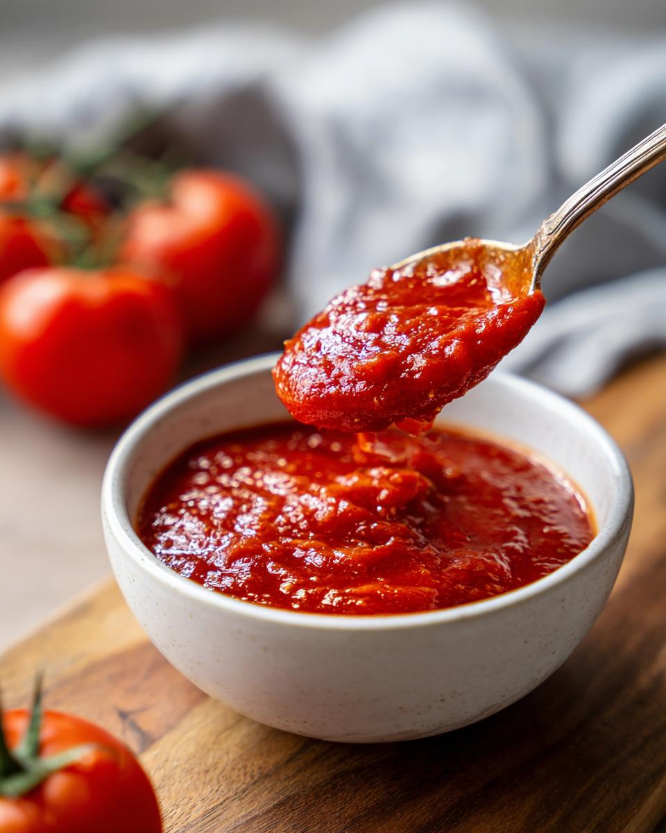 A spoonful of rich, vibrant red pizza sauce is lifted from a small white bowl, with fresh tomatoes in the background.
