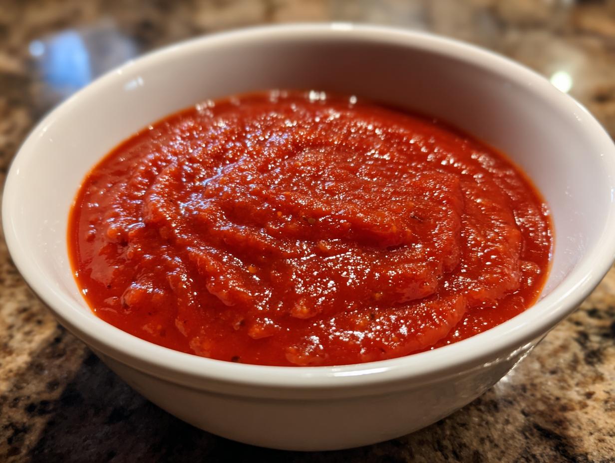 Close-up of thick, vibrant red homemade pizza sauce filling a small white bowl.