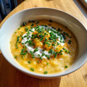A creamy, yellow bowl of amazing 50-minute cheese soup garnished with sour cream and fresh chopped chives.