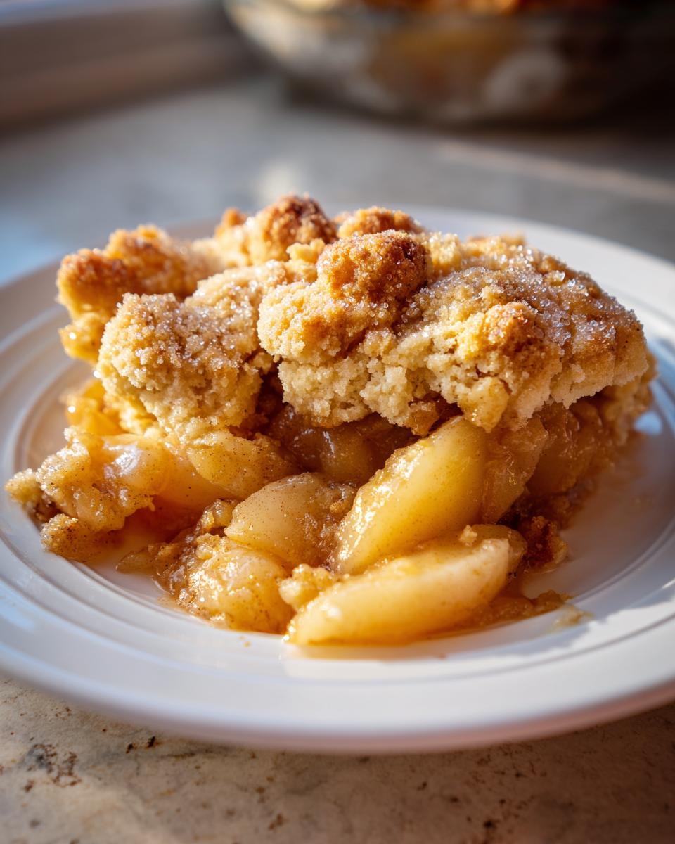 Close-up of a warm serving of apple cobbler recipe with a crumbly, sugary topping and soft, spiced apple filling.