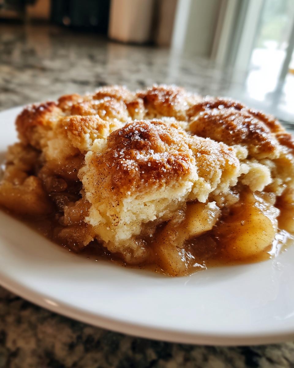 Close-up of a warm serving of apple cobbler recipe with a sugary, crumbly topping.