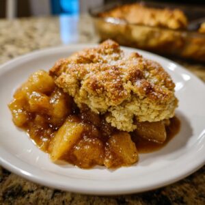 A single serving of warm apple cobbler recipe with a crumbly, sugared topping over spiced, saucy apples.