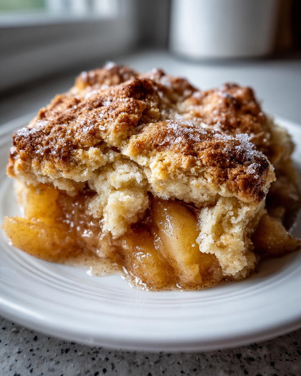 A close-up of a warm serving of amazing apple cobbler recipe on a white plate, showing cinnamon apples and a crumbly topping.
