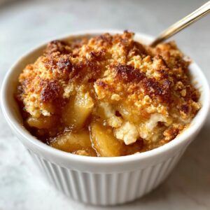 Close-up of a warm, bubbling single serving of apple crisp recipe in a white ramekin with a golden, crunchy topping.