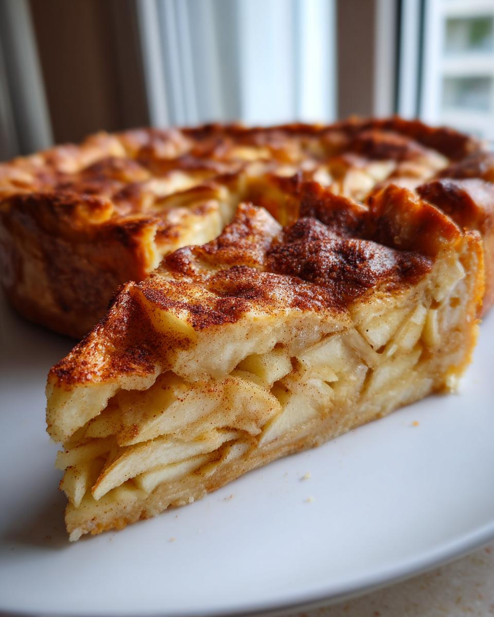 Close-up of a slice of amazing apple tart showing layers of baked apples and a cinnamon-dusted top.