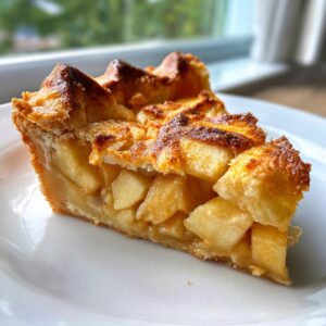 A close-up shot of a thick slice of amazing apple tart showing chunky, spiced apple filling and a flaky, golden-brown crust.