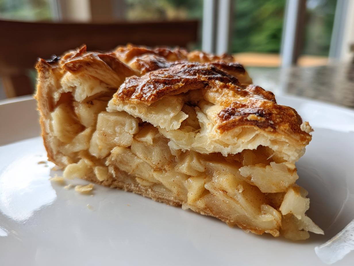 Close-up of a thick slice of amazing apple tart showing chunky spiced apples and a flaky, golden-brown top crust.
