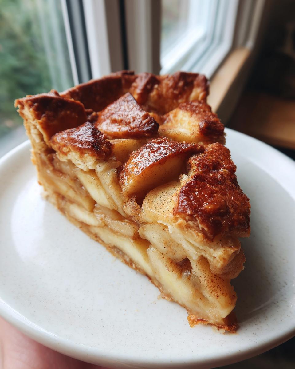 Close-up of a thick slice of amazing apple tart showing caramelized apples and flaky crust.
