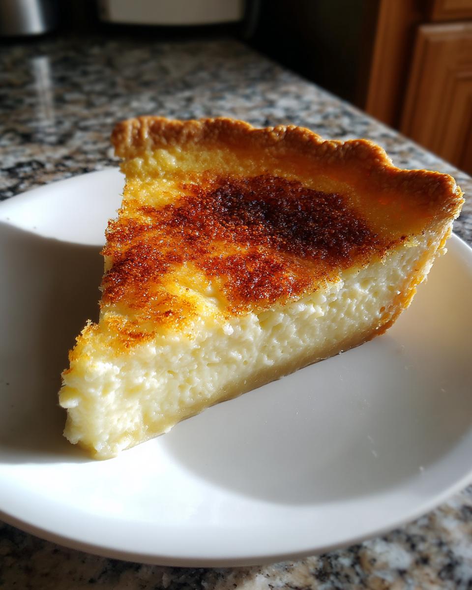 A close-up slice of amazing buttermilk pie showing a creamy white filling and a browned, slightly caramelized top crust.