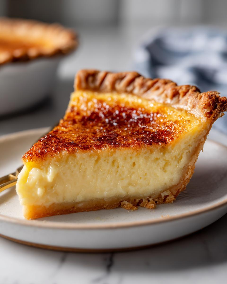 A close-up of a thick slice of buttermilk pie showing a creamy yellow filling and a deeply caramelized, slightly crackled top.