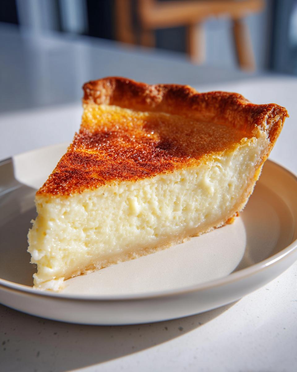 A close-up slice of amazing buttermilk pie showing the creamy filling and caramelized, sugared crust.