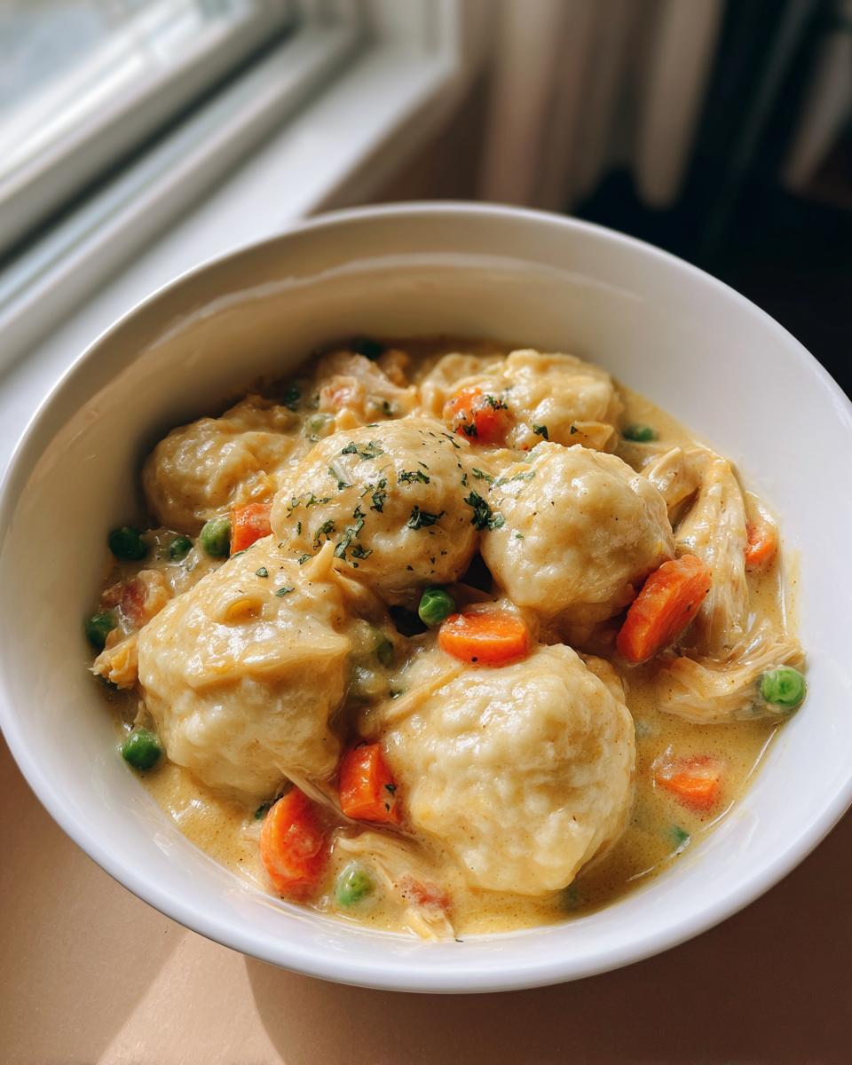 Close-up of a bowl of amazing chicken and dumplings, featuring fluffy dumplings, shredded chicken, carrots, and peas in a creamy sauce.