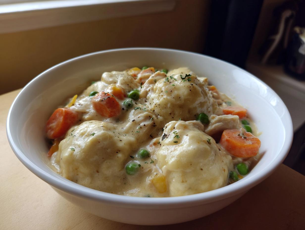 Close-up of a white bowl filled with creamy chicken and dumplings, carrots, and peas.