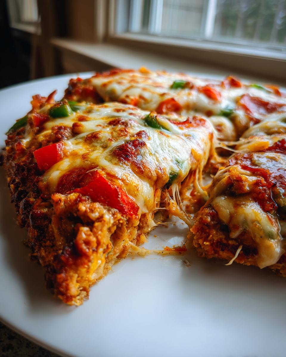 Close-up of cheesy chicken crust pizza slices showing melted cheese pull, red peppers, and green peppers.
