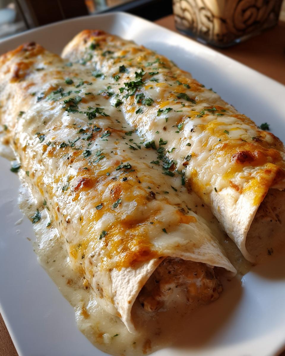 Two delicious chicken enchiladas covered in melted white and golden cheese and topped with chopped parsley.