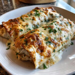 Two creamy chicken enchiladas covered in melted, browned cheese and fresh parsley.